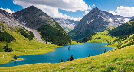 A beautiful highland valley with alpine meadows and sparkling lakes