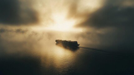 Obraz premium A container vessel navigating through misty waters with a backdrop of thick, moody clouds and a hint of sunlight breaking through