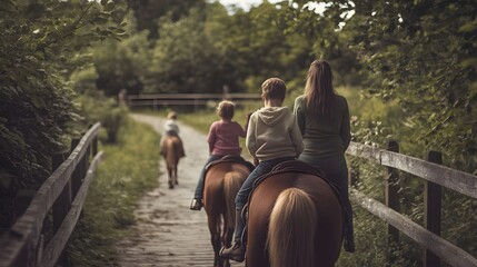 Family horseback riding on a trail. Mother, two boys, and a girl enjoy a scenic ride through a lush green forest, following a wooden fence.