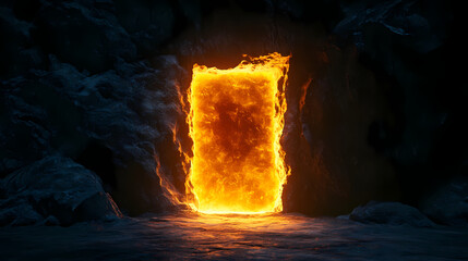 A mystical glowing portal in a dimly lit stone chamber, evoking a sense of wonder and adventure. Glowstone. Illustration