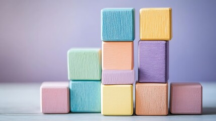 Fototapeta premium A creative display of pastel wooden blocks stacked asymmetrically