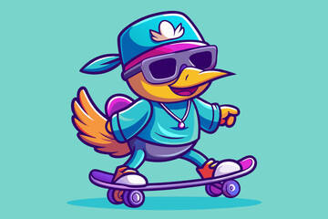 Cartoon Duck Character Skateboarding with Cool Sunglasses – Fun and Trendy Animal Illustration