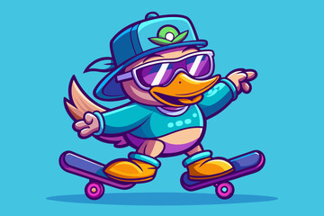 Cartoon Duck Character Skateboarding with Cool Sunglasses – Fun and Trendy Animal Illustration