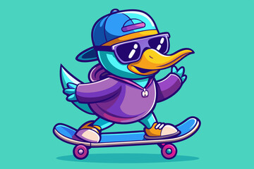 Cartoon Duck Character Skateboarding with Cool Sunglasses – Fun and Trendy Animal Illustration