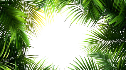 Obraz premium Lush Tropical Palm Leaves Frame: Vibrant Green Foliage on White Background. Perfect for Summer Designs and Vacation Themes.