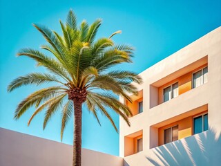 Fototapeta premium Luxurious Ibiza Hotel Palm Tree Paradise: Sun-Kissed Relaxation