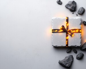 Glimmering Gift Box on Stone Surface with Black Bow and Lights