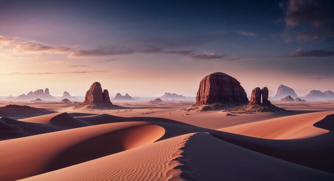 A large expansive desert with rolling sand dunes and ancient rock formations