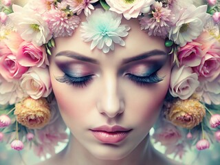 Naklejka premium Luxurious Lash Extensions Double Exposure: Eye Beauty & Floral Bloom
