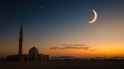 Obraz premium A crescent moon and star shining brightly above a peaceful desert mosque at dusk