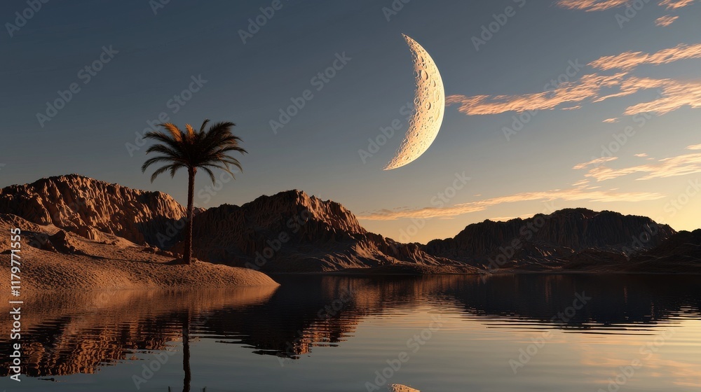 Poster a crescent moon reflecting on a quiet desert oasis with palm trees in the background