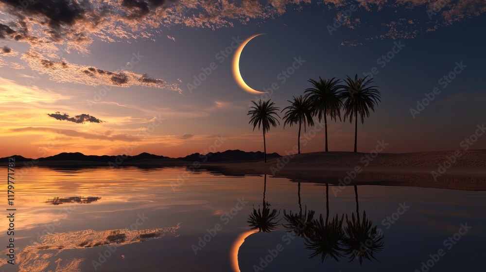 Poster A crescent moon reflecting on a quiet desert oasis with palm trees in the background