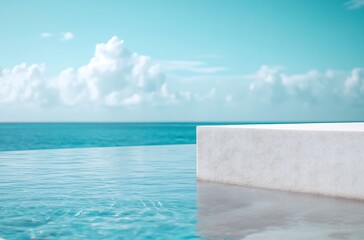 Obraz premium A close-up of an infinity pool with a white stone podium, summer background