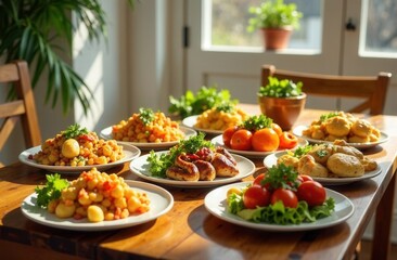 A wooden table with delicious food and drinks, inviting atmosphere