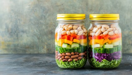 Colorful layered salad in jars featuring various vegetables and beans, showcasing healthy meal prep and vibrant presentation.