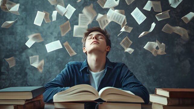 Young Man Overwhelmed by Flying Pages Studying Books