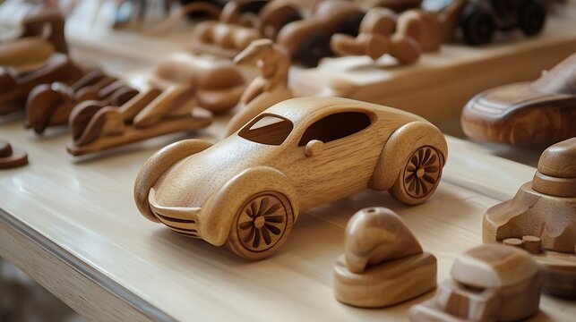 A natural wooden toy car showcased with other small handcrafted items