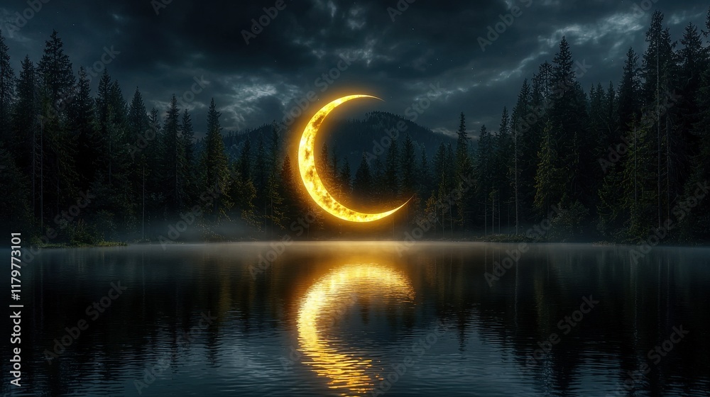 Poster a glowing crescent moon reflecting on a calm lake surrounded by tall pine trees