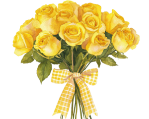 Bouquet of vibrant yellow roses with a checked ribbon on a white background.