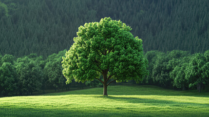 Vibrant green tree in lush meadow serene nature landscape morning light peaceful scene