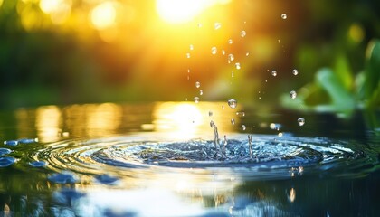 Sunset Water Drops Splashing Pond Nature Background