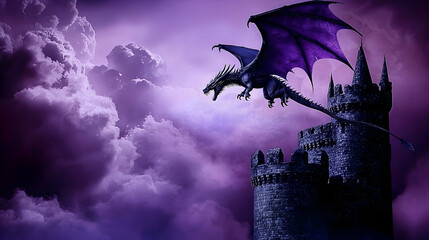 Naklejka premium Purple dragon soars from medieval castle tower at night.
