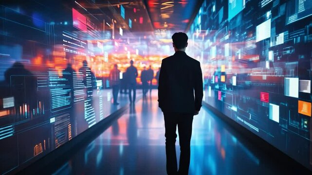 A man stands in front of a large screen with a city view