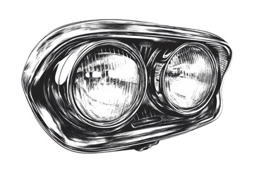 Car headlamp light sketch, auto light bulb illustration in fine engraving, highlighting innovation. PNG transparent background. © AnyaWhy