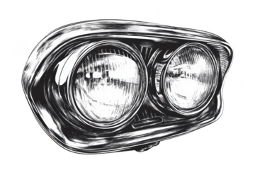 Car headlamp light sketch, auto light bulb illustration in fine engraving, highlighting innovation. PNG transparent background.