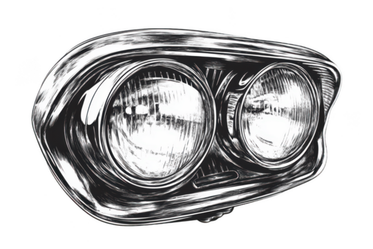 Car headlamp light sketch, auto light bulb illustration in fine engraving, highlighting innovation. PNG transparent background.