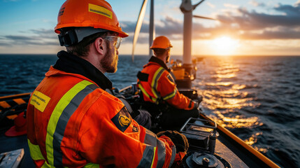 Fototapeta premium Workers in high visibility safety gear observe sunset at sea