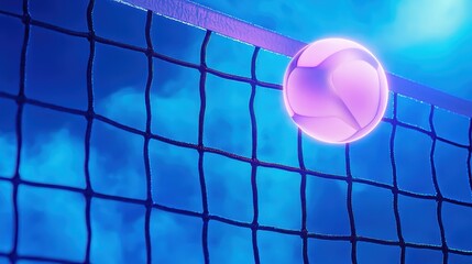 Vibrant tennis ball against a net on a dynamic blue background, capturing motion and excitement in sports photography.