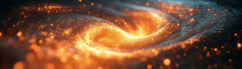 A stunning cosmic swirl of glowing orange and blue particles, resembling a galaxy filled with sparkling stars and swirling gas.