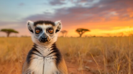 Naklejka premium A curious lemur gazes at the sunset, surrounded by golden grass and silhouettes of trees, capturing the beauty of wildlife in its natural habitat.