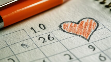 A hand-drawn heart on a calendar page, symbolizing a special date.