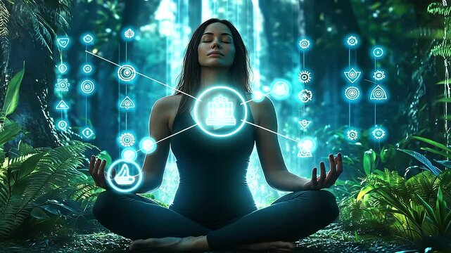A peaceful woman meditates in a lush green forest, glowing chakra symbols floating in a gentle circle around her, radiating calm and balance.