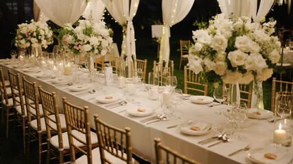 Decoration dinner set up in Thailand and tropical wedding set upWedding decor table set up candle catering dinner dish luxury event. Close up Festive fine setting white table row chair flower