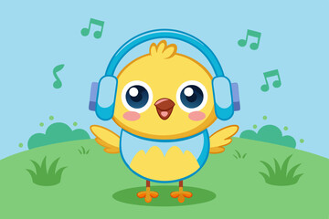 Cute Cartoon Baby Chick with Blue Headphones and Teal Shirt – Adorable Animal Illustration