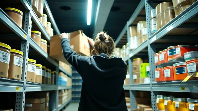 In a brightly lit storage room, the volunteer places a donation box filled with winter coats and non-perishable food items onto a shelf, alongside other labeled boxes.