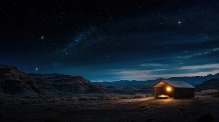 A mystical starry night with a single glowing star illuminating a small desert manger