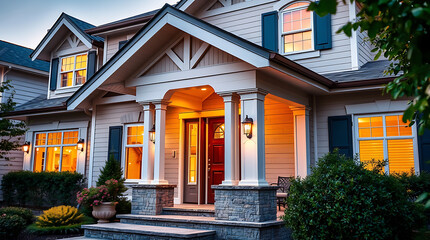 Fototapeta premium Exterior View of Two-Story House at Dusk