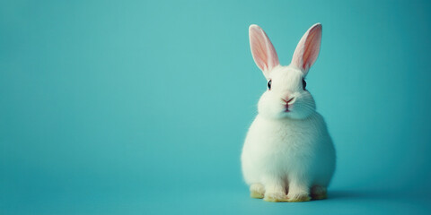 Obraz premium White bunny rabbit isolated on pale soft pastel blue background with copy space, fun easter concept