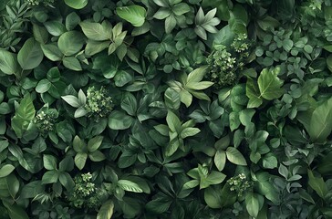 A dark green summer background with various plants and leaves