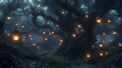 Obraz premium Enchanted Forest at Night: Glowing Lanterns and Magical Atmosphere