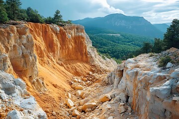 A view of the cliff where the landslide occurred. Destruction of rocks. Landslide. Natural disasters in a hilly area. In the background are hills.