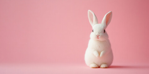 Obraz premium White bunny rabbit isolated on pale soft pastel pink background with copy space, fun easter concept