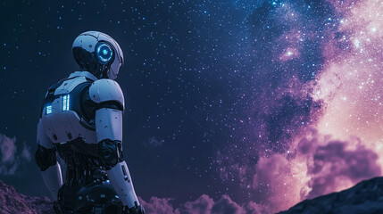 Rear or back view of a robot machine ai artificial intelligence cyborg humanoid standing on a hill, looking at starry sky at night. futuristic technology fantasy landscape, sci-fi galaxy, copy space.
