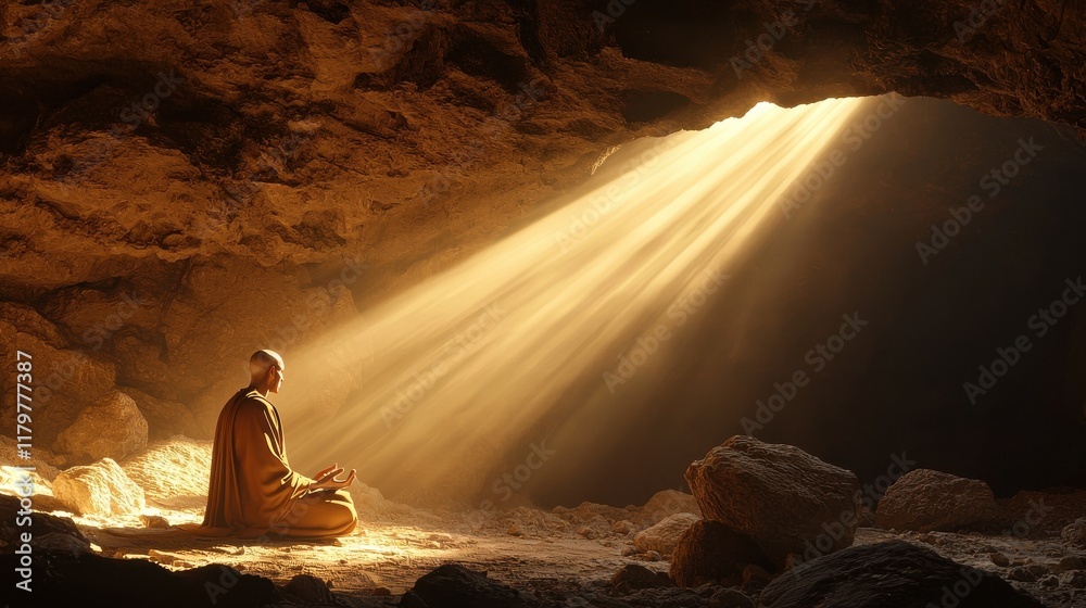 Poster A peaceful scene of a monk meditating in a mountain cave with golden light streaming i