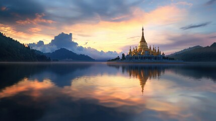 Fototapeta premium A peaceful river reflecting a golden temple under a soft pastel sky