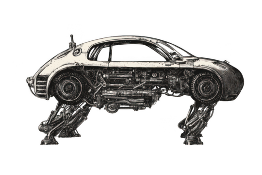 Car machine on mechanical robotic legs sketch engraving, futuristic and inventive. PNG transparent background.